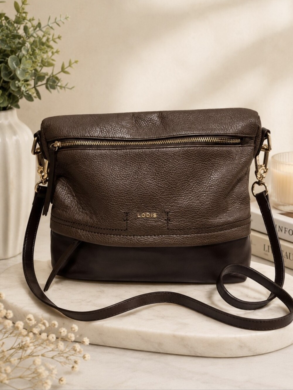 Lodis Large Crossbody Bag Chocolate Brown Pebbled Leather Handbag Purse Boho